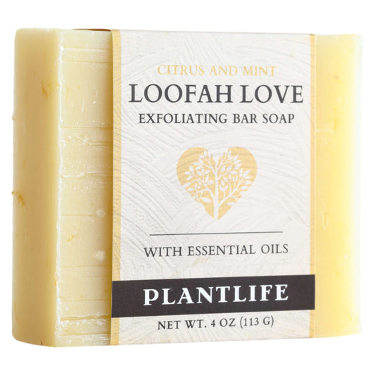 Loofah Love exfoliating bar soap with Plantlife branding on a white background