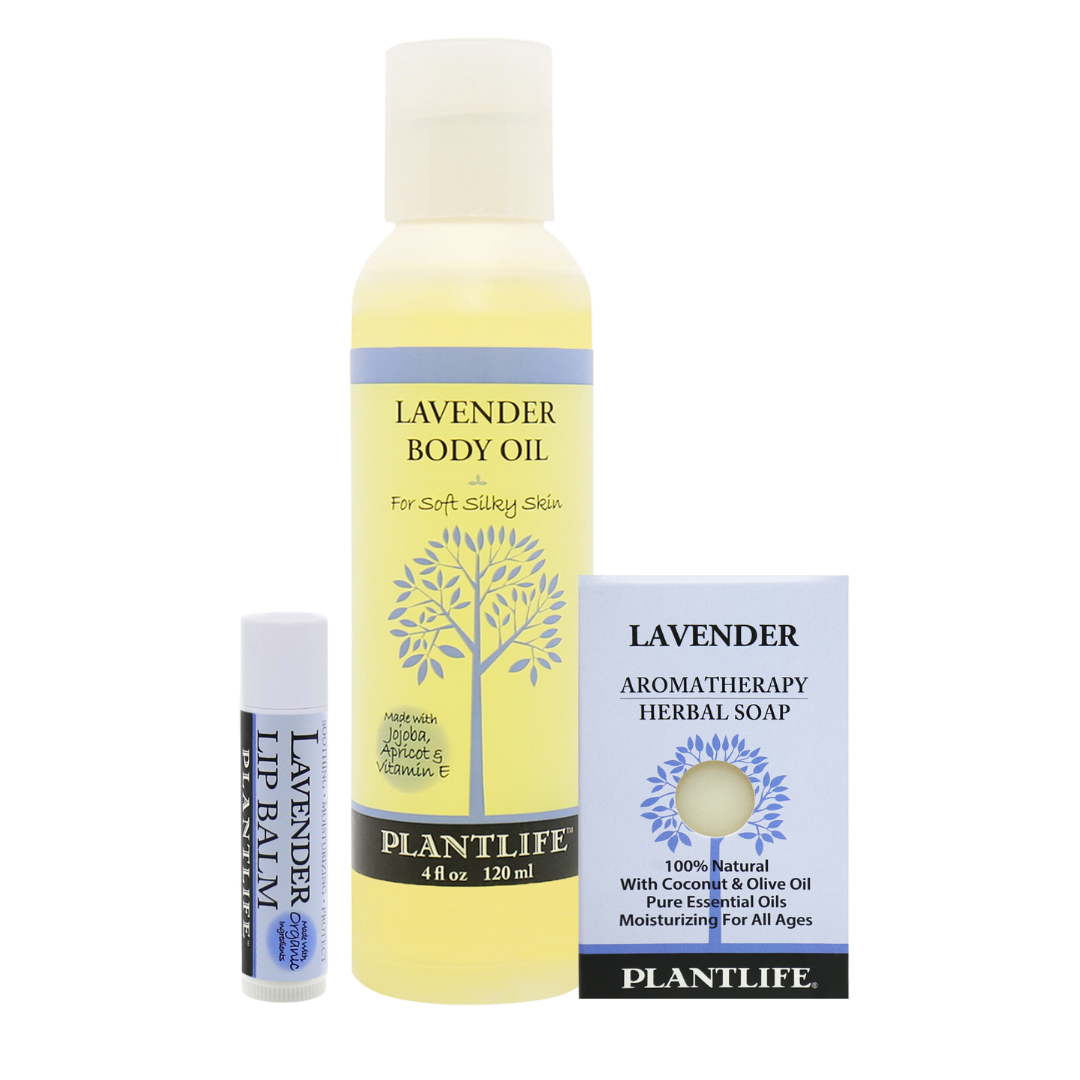 Plantlife Lavender gift set including a lip balm, 4 oz body oil, and aromatherapy herbal soap; all-natural products made with essential oils and plant-based ingredients for moisturizing and skin nourishment.