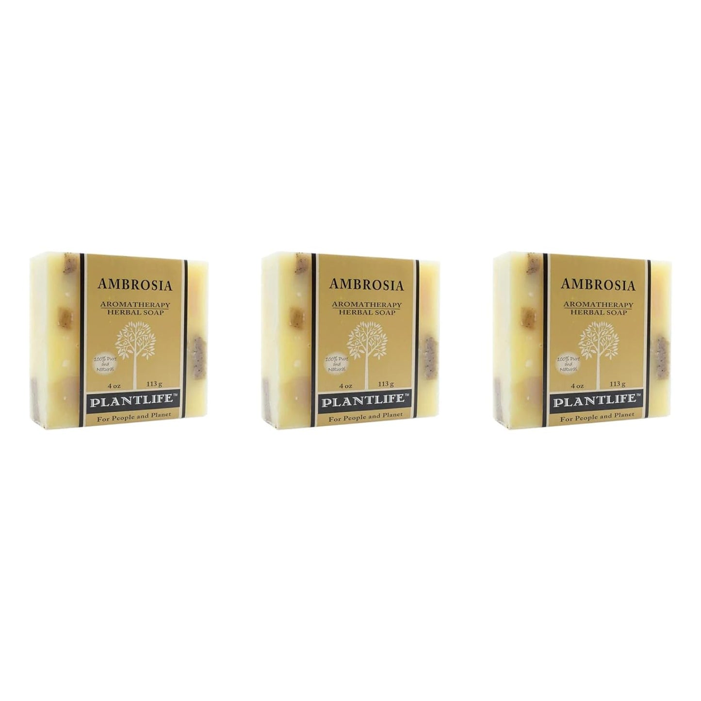 Three bars of Ambrosia Plantlife soap on a white background