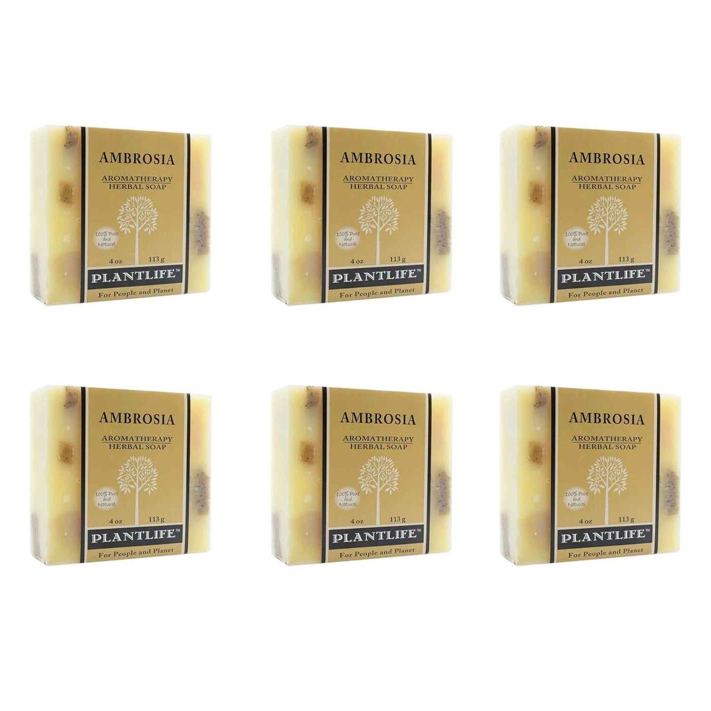 Six bars of Plantlife Ambrosia soap arranged in two rows on a white background.