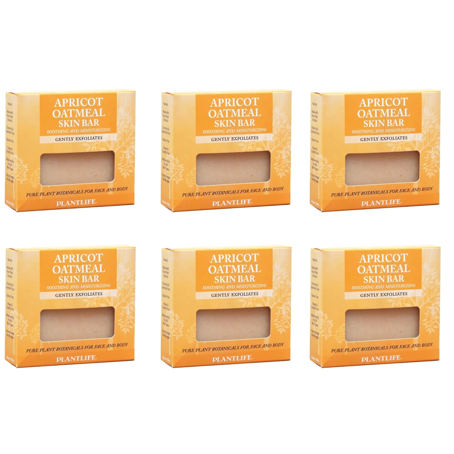 Six boxes of Plantlife Apricot Oatmeal Skin Bar on a white background