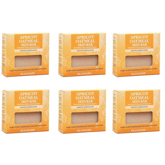 Six boxes of Plantlife Apricot Oatmeal Skin Bar on a white background