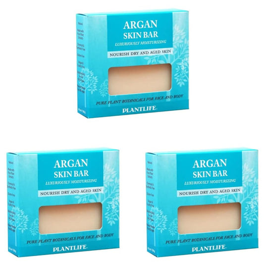 Three boxes of Plantlife Argan Skin Bar on a white background