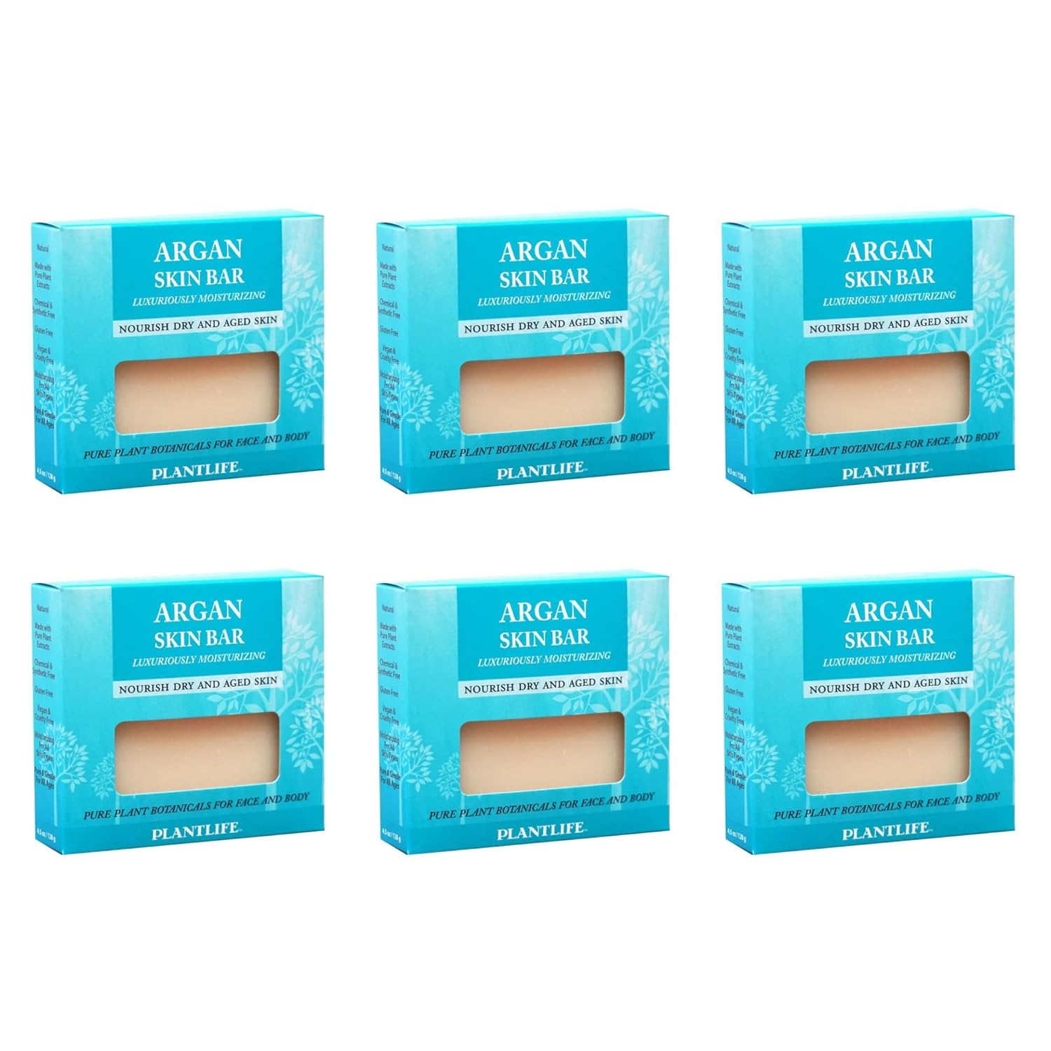 Six boxes of Plantlife Argan Skin Bar on a white background