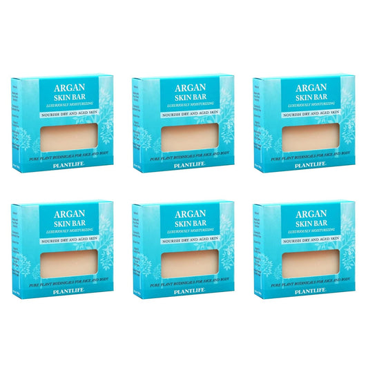 Six boxes of Plantlife Argan Skin Bar on a white background