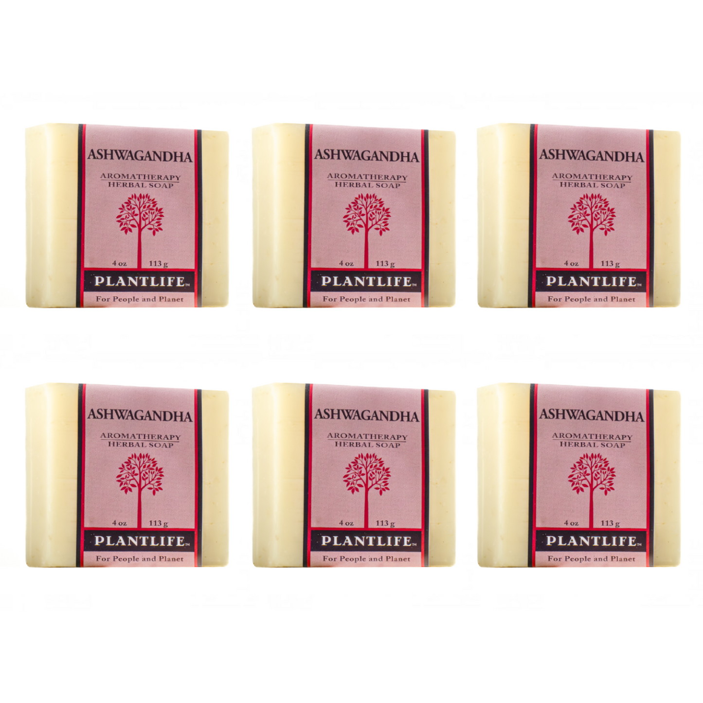 Six bars of Plantlife Ashwagandha Herbal Soap arranged in two rows of three on a plain white background. Each bar has a cream-colored wrapper with a pink label featuring a red tree logo and black text.