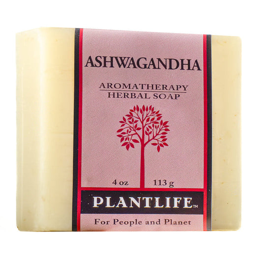 Plantlife Ashwagandha Aromatherapy Herbal Soap bar with a pink and black label, shown on a plain white background.
