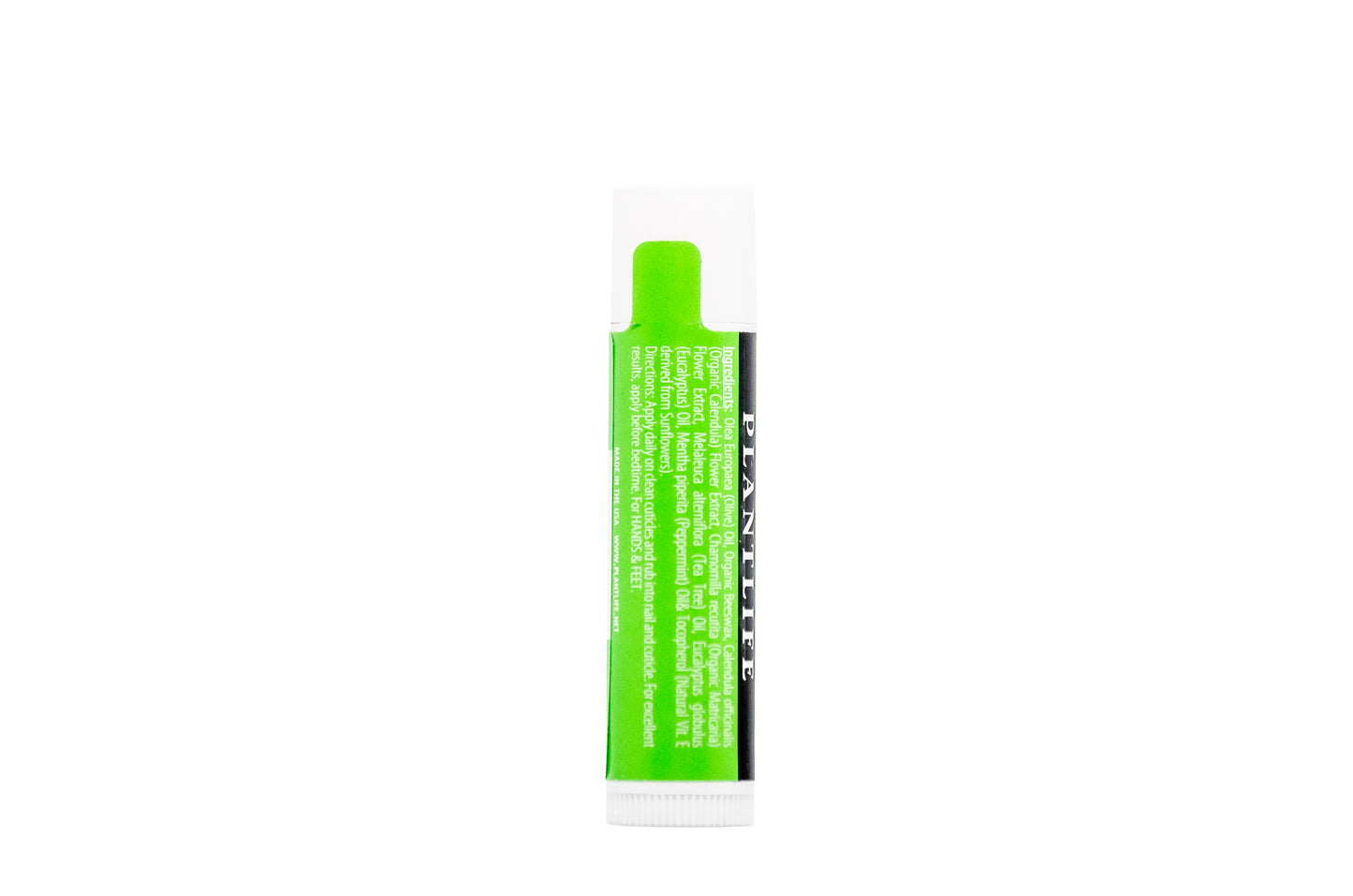 Back label of Plantlife Restore Cuticle Balm showing ingredients list and directions for use.