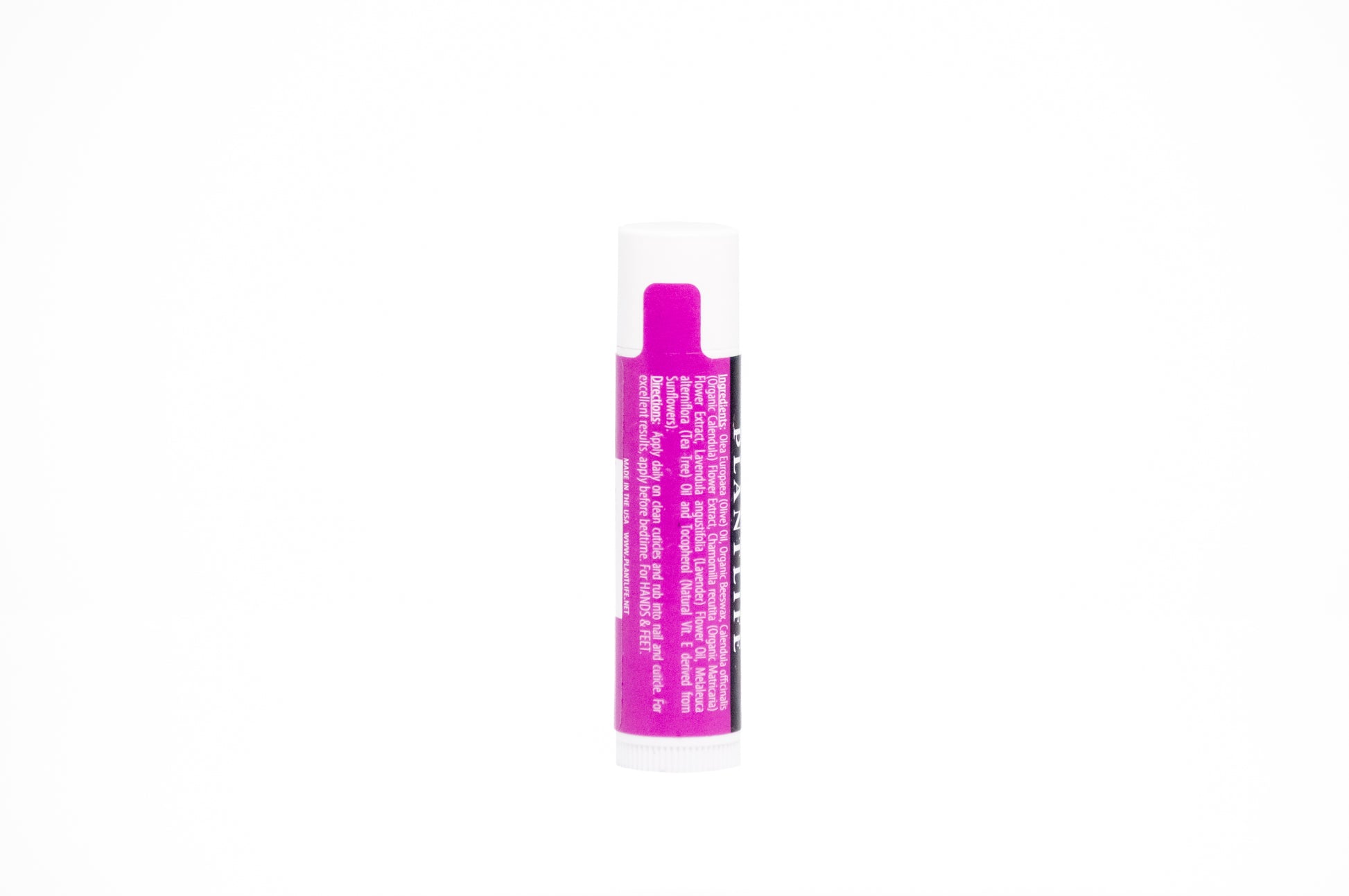 Back label of Plantlife Lavender Tea Tree Cuticle Balm showing ingredients and usage directions for hands and feet.