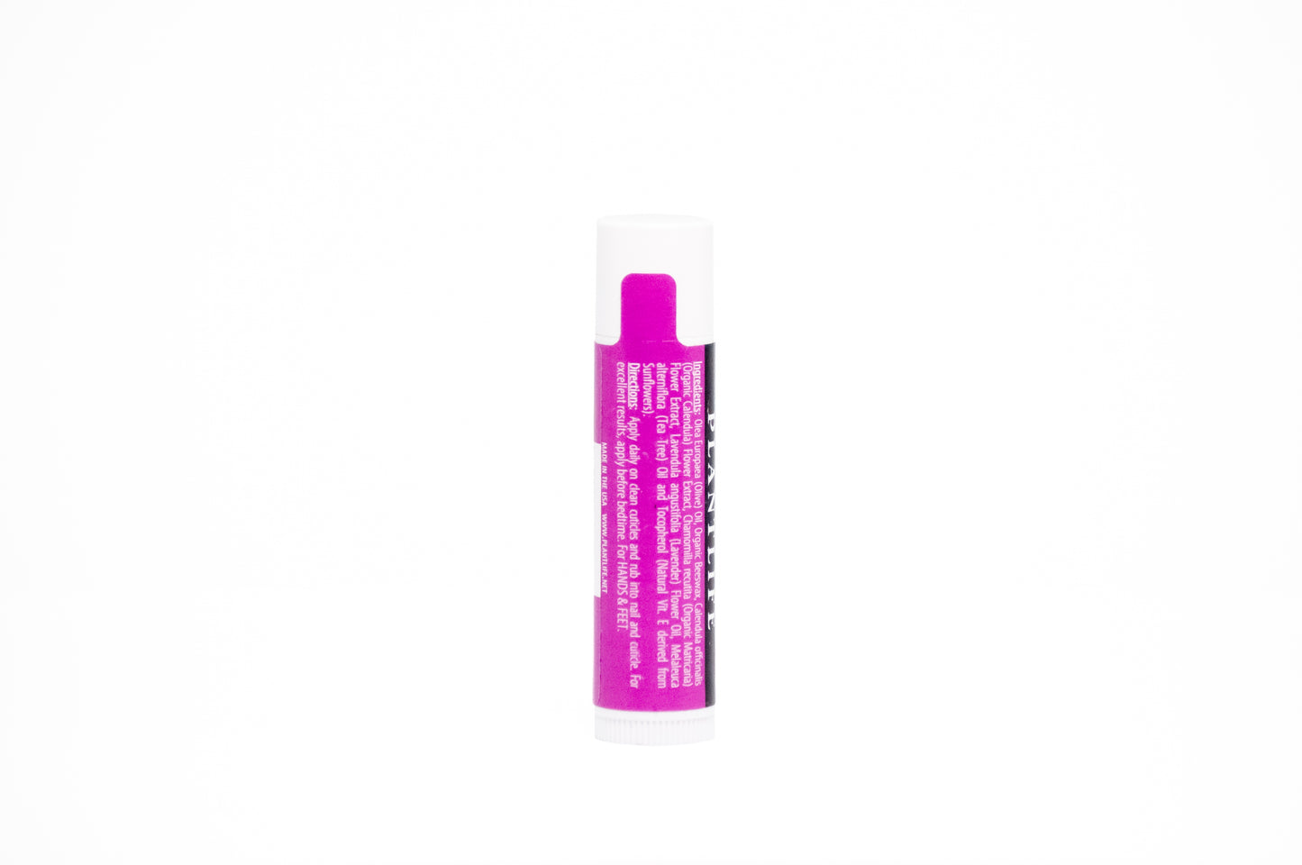 Back label of Plantlife Lavender Tea Tree Cuticle Balm showing ingredients and usage directions for hands and feet.