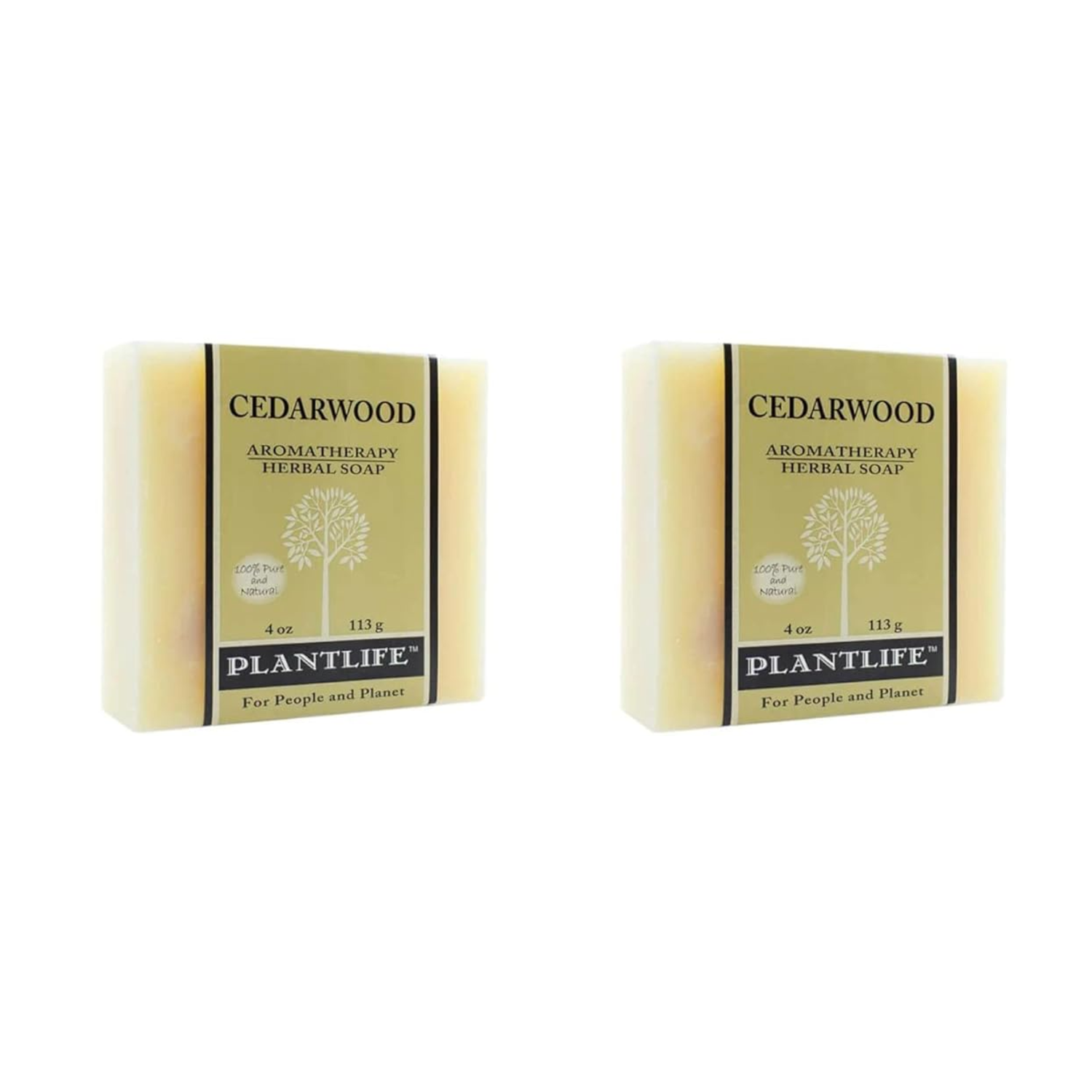 Plantlife Cedarwood Aromatherapy Herbal Soap bar, 4 oz (113 g), labeled as 100% pure and natural, with tree logo and beige label design.