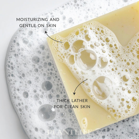 Bar of soap with foam on a gray background, labeled 'Moisturizing and gentle on skin' and 'Thick lather for clean skin'.