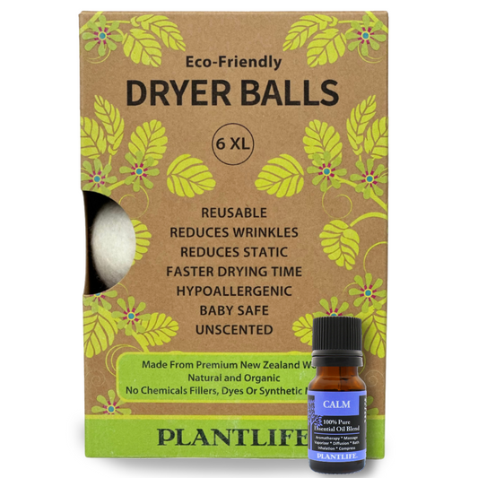 Plantlife Eco-Friendly Dryer Balls in a brown kraft paper box with green leaf illustrations, shown next to a small amber essential oil bottle of Calm.