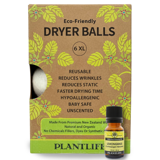 Plantlife Eco-Friendly Dryer Balls set in a brown kraft paper box with green leaf illustrations, shown next to a small lemon grass essential oil bottle on a white background.