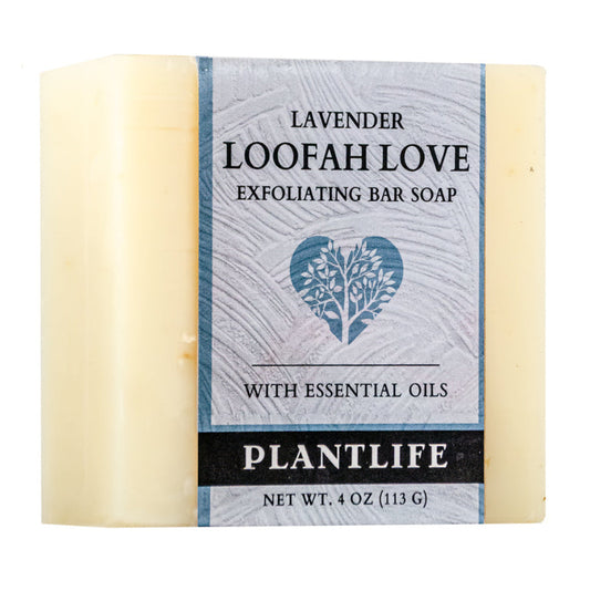 Bar of soap with 'Loofah Love' packaging on a white background