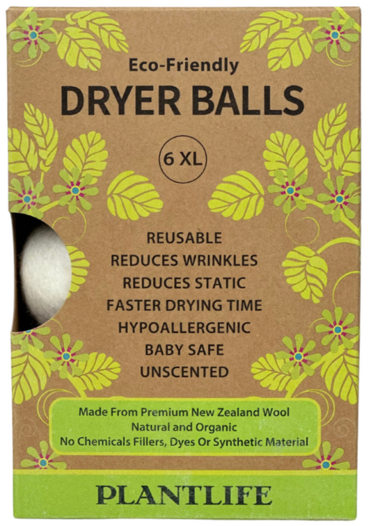 Plantlife Eco-Friendly Dryer Balls 6 XL – reusable wool balls made from organic New Zealand wool, unscented and hypoallergenic.