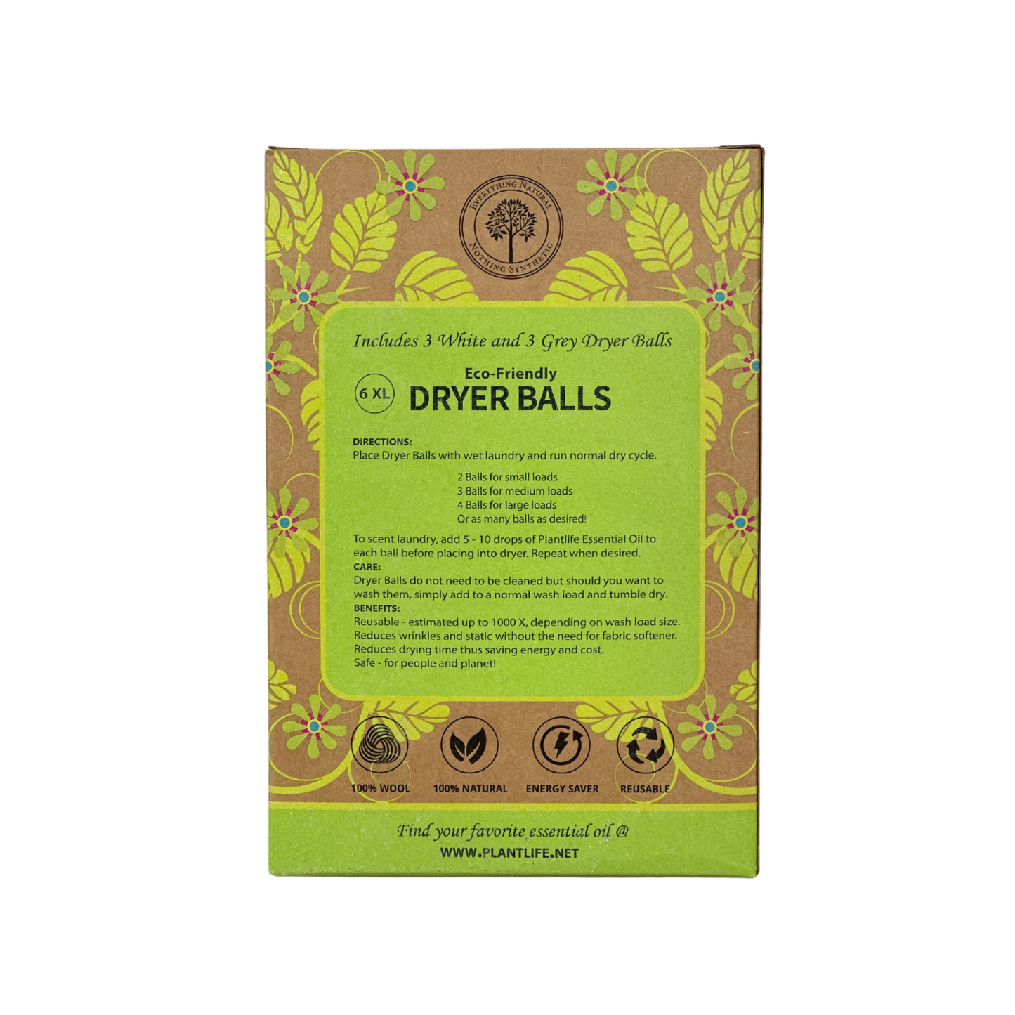 Back of Plantlife Eco-Friendly Dryer Balls 6 XL package – directions, care instructions, and product benefits.