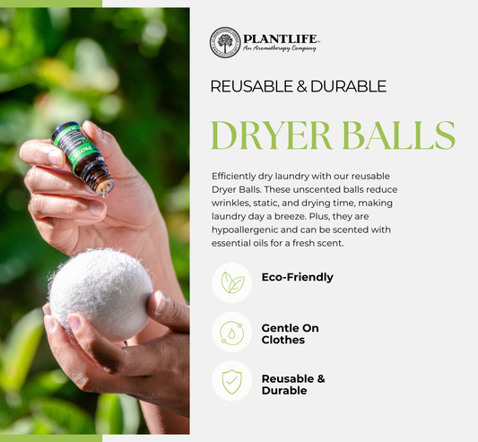 Hand holding a dryer ball with Plantlife branding and product features listed.