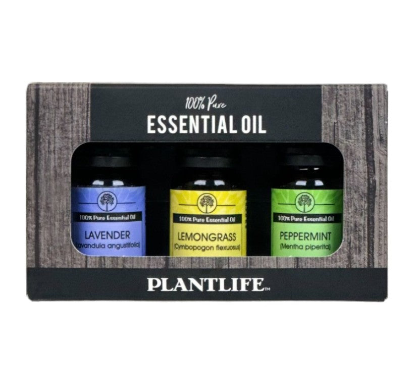 Plantlife Essential Oil 3 Pack featuring Lavender, Lemongrass, and Peppermint oils in a rustic wood-themed box.