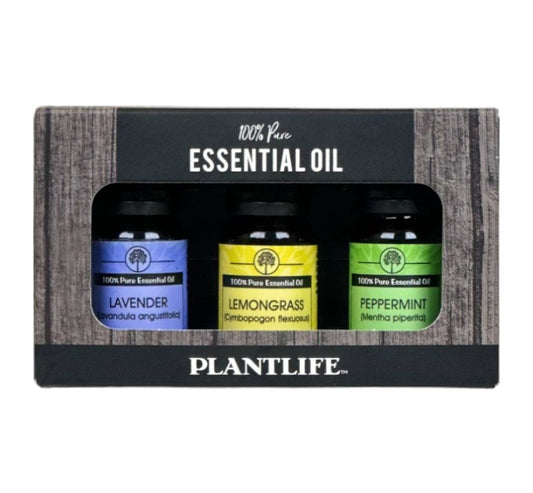 Plantlife Essential Oil 3 Pack featuring Lavender, Lemongrass, and Peppermint oils in a rustic wood-themed box.