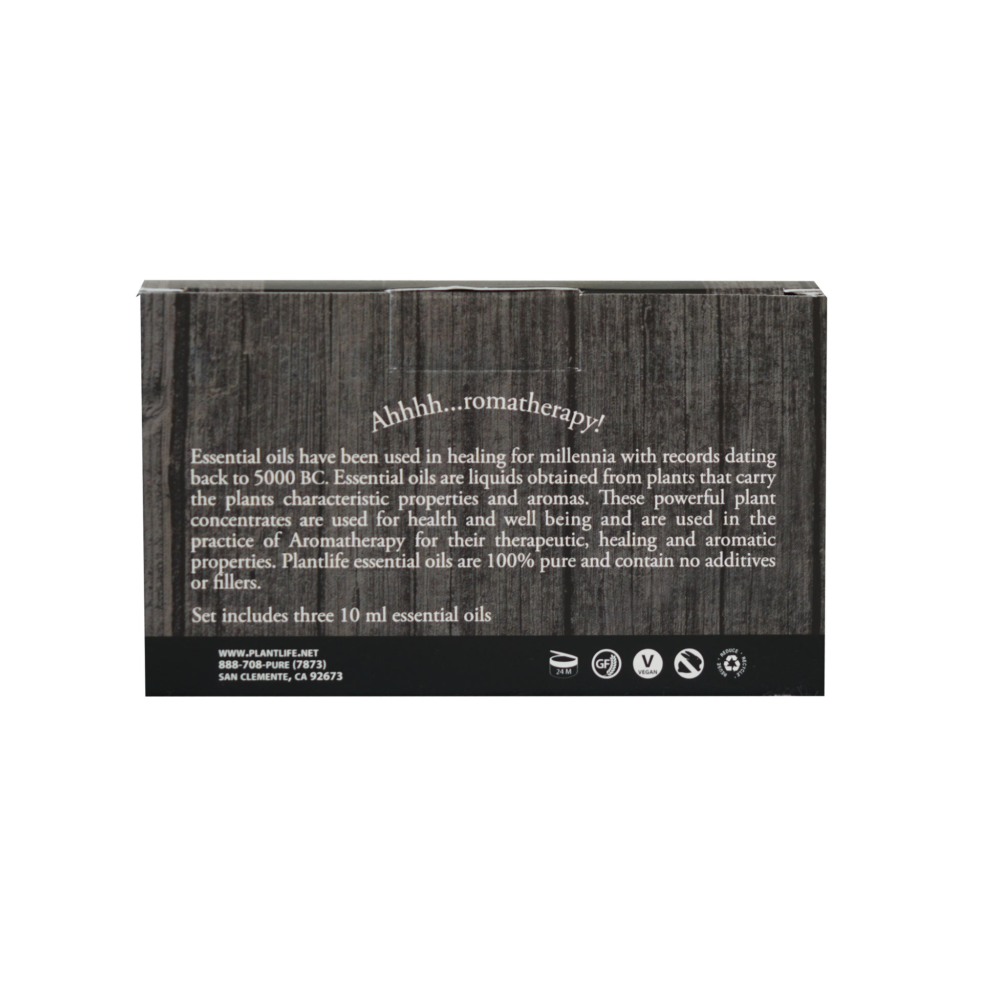 Back of Plantlife Essential Oil 3 Pack box with product description, usage benefits, and icons for vegan, gluten-free, and cruelty-free certifications.