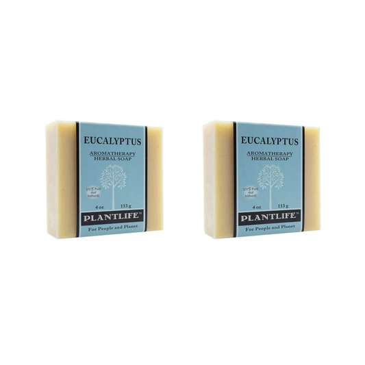 Two bars of Plantlife Eucalyptus Aromatherapy Herbal Soap on a white background