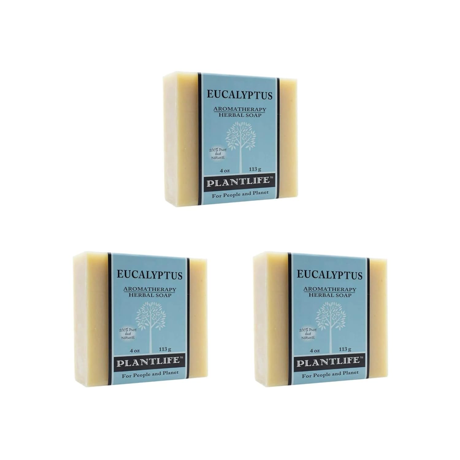 Three bars of Plantlife Eucalyptus Aromatherapy Herbal Soap on a white background