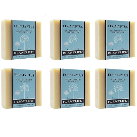 Six bars of Plantlife Eucalyptus soap on a white background
