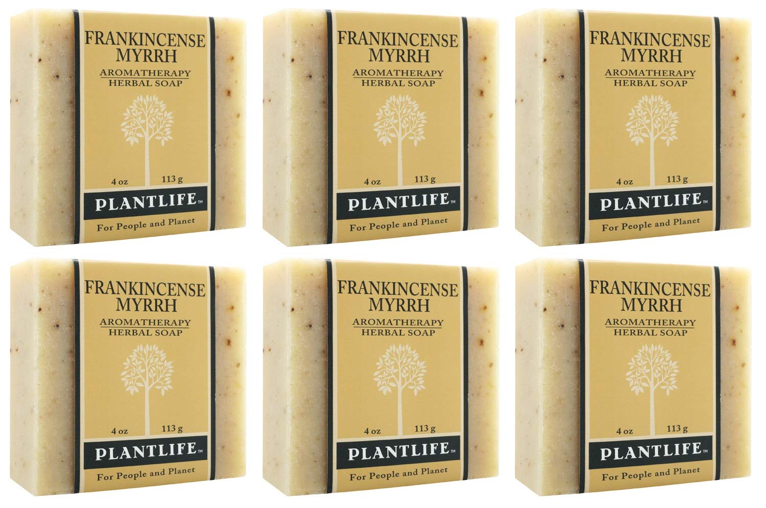 Six bars of Frankincense Myrrh Plantlife soap in packaging.