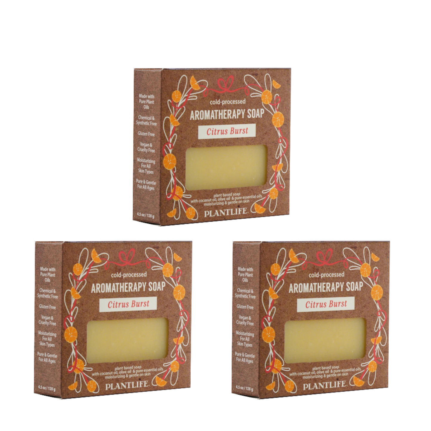 Three boxes of Plantlife Aromatherapy Soap with a bar of Citrus Burst soap inside on a white background