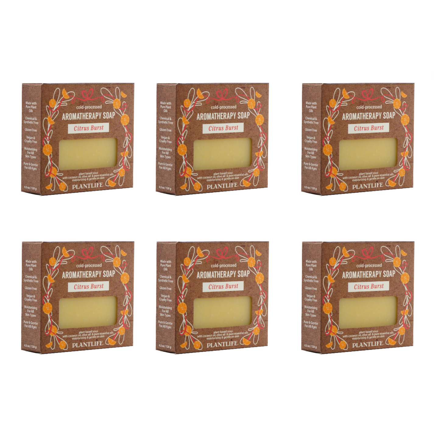 Six boxes of Plantlife Aromatherapy Soap with a Citrus Burst scent on a white background.