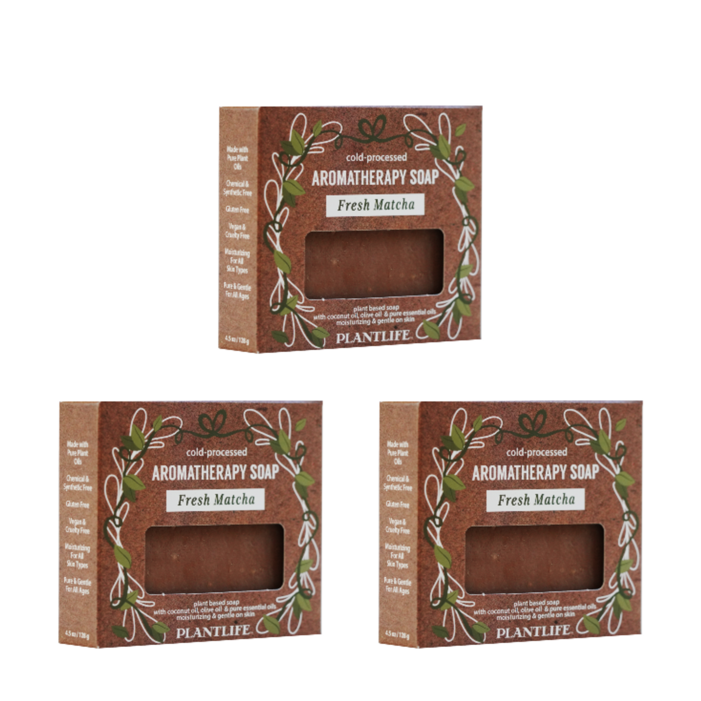 Three boxes of Plantlife Aromatherapy Fresh Matcha Soap with a brown bar of soap inside on a white background.
