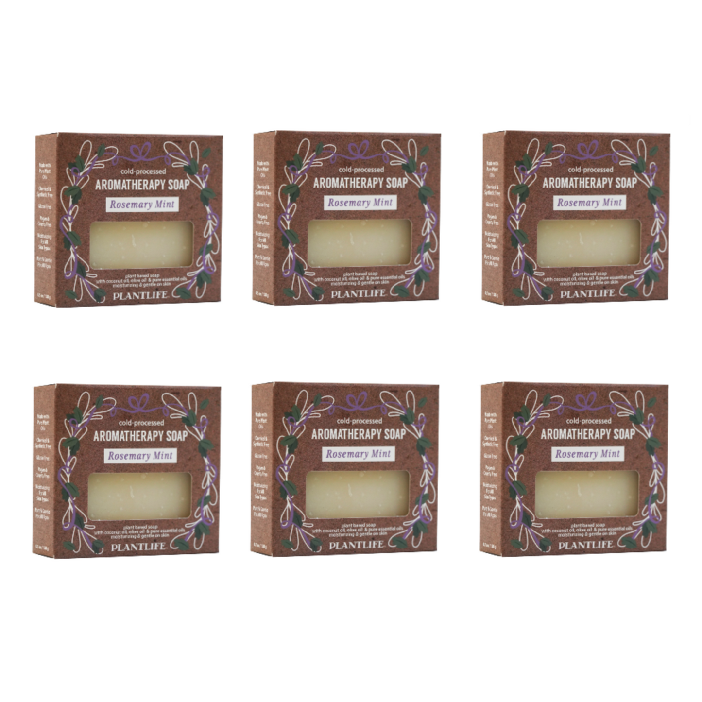 Six boxes of Plantlife Aromatherapy Soap with Rosemary Mint scent on a white background