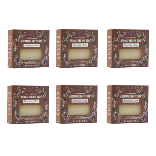 Six boxes of Plantlife Aromatherapy Soap with Rosemary Mint scent on a white background