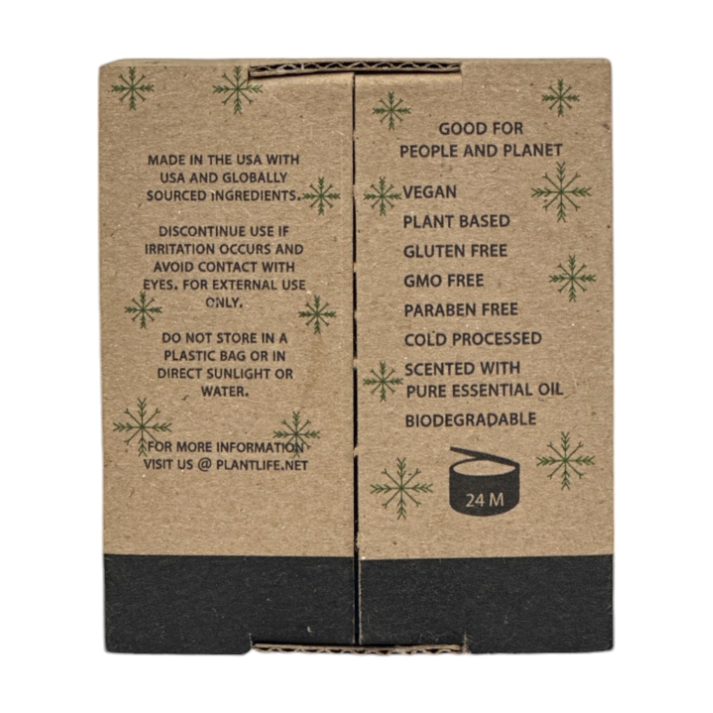 Back of Plantlife Aromatherapy Herbal Soap Holiday Edition box listing product benefits including vegan, gluten free, GMO free, paraben free, cold processed, and biodegradable; also includes usage and storage instructions