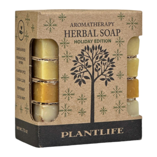 Plantlife Aromatherapy Herbal Soap Holiday Edition featuring six festive scents in a boxed set: Sandalwood, Frankincense Myrrh, Pumpkin Spice, Cassia Clove, Peppermint, and Cocoa Mint