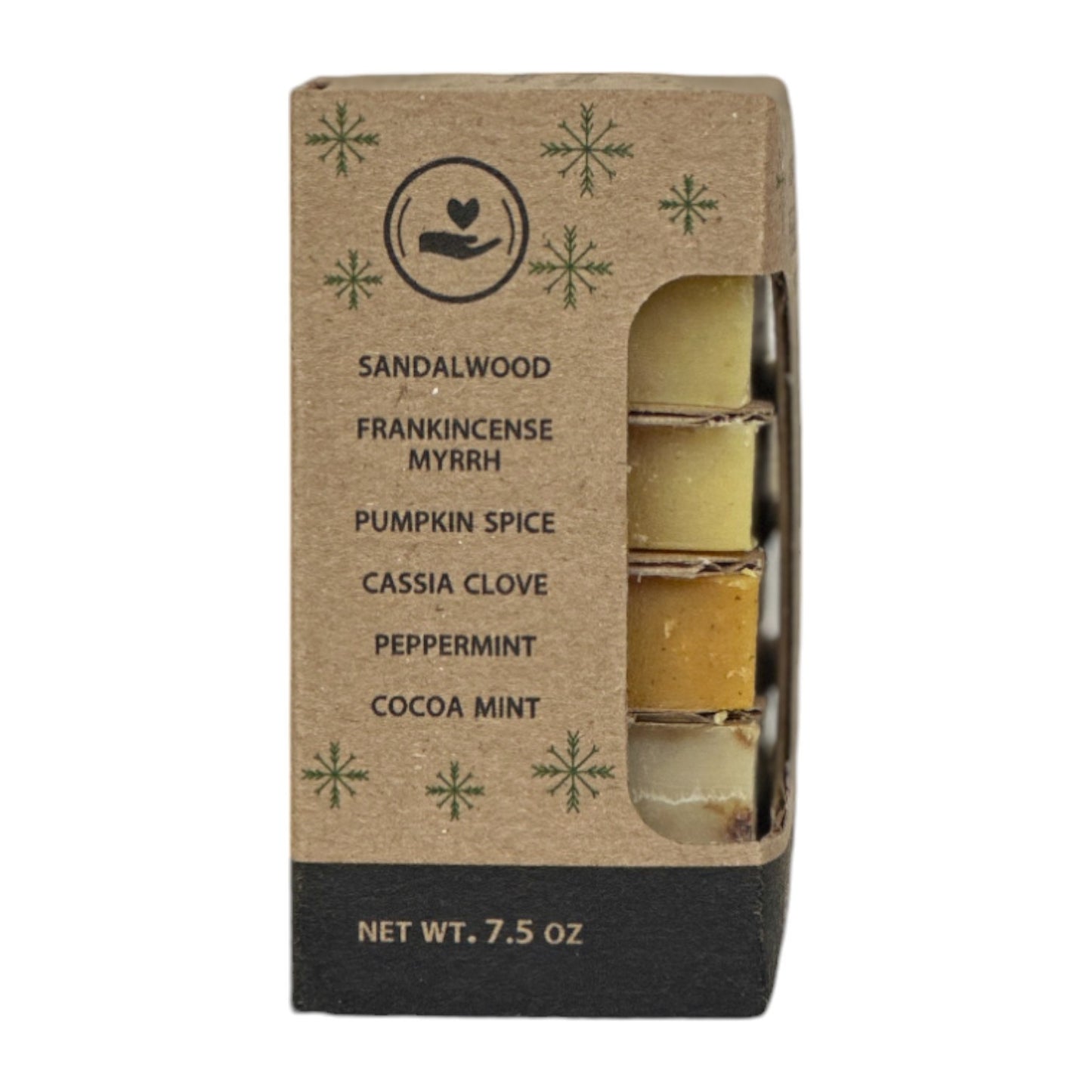 Side view of Plantlife Aromatherapy Herbal Soap Holiday Edition box listing six scents: Sandalwood, Frankincense Myrrh, Pumpkin Spice, Cassia Clove, Peppermint, and Cocoa Mint, with soap bars visible