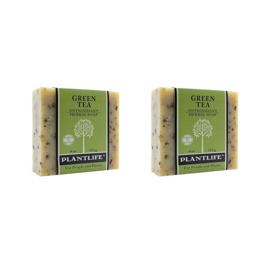 Two bars of Plantlife Green Tea soap on a white background
