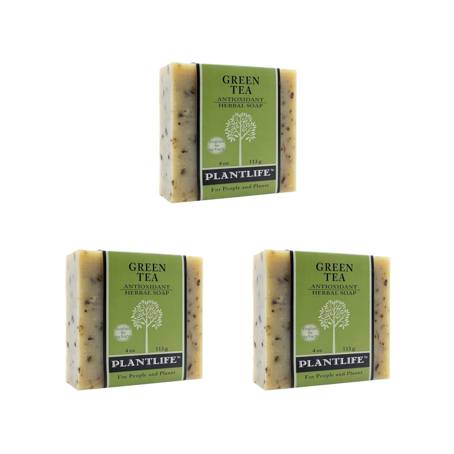 Three bars of Plantlife Green Tea soap on a white background