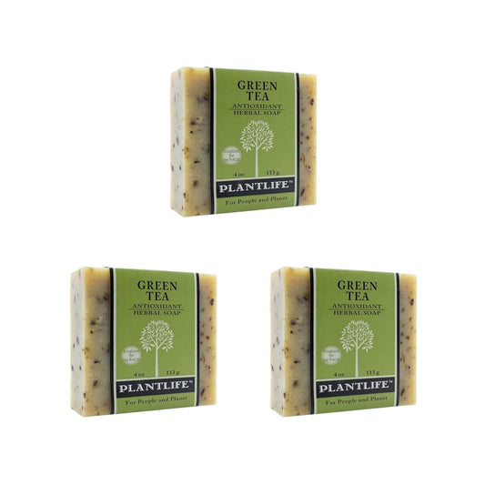 Three bars of Plantlife Green Tea soap on a white background