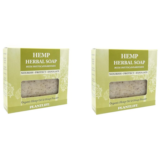 Two packages of Hemp Herbal Soap with Plantlife branding on a white background