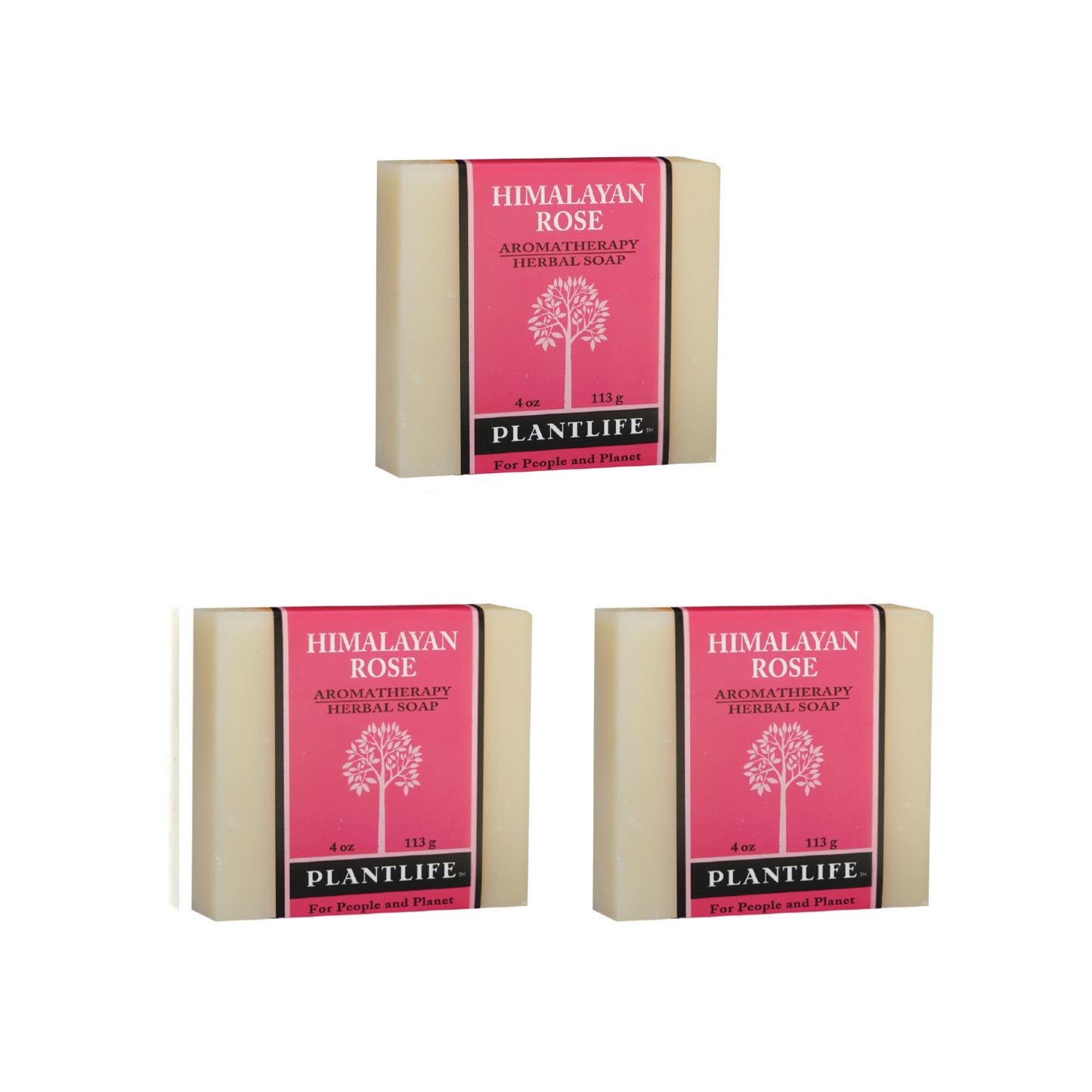 Three bars of Plantlife Himalayan Rose soap on a white background