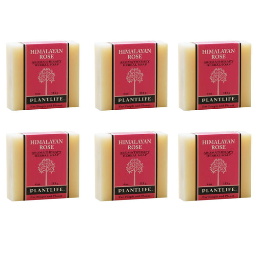 Six bars of Plantlife Himalayan Rose soap on a white background