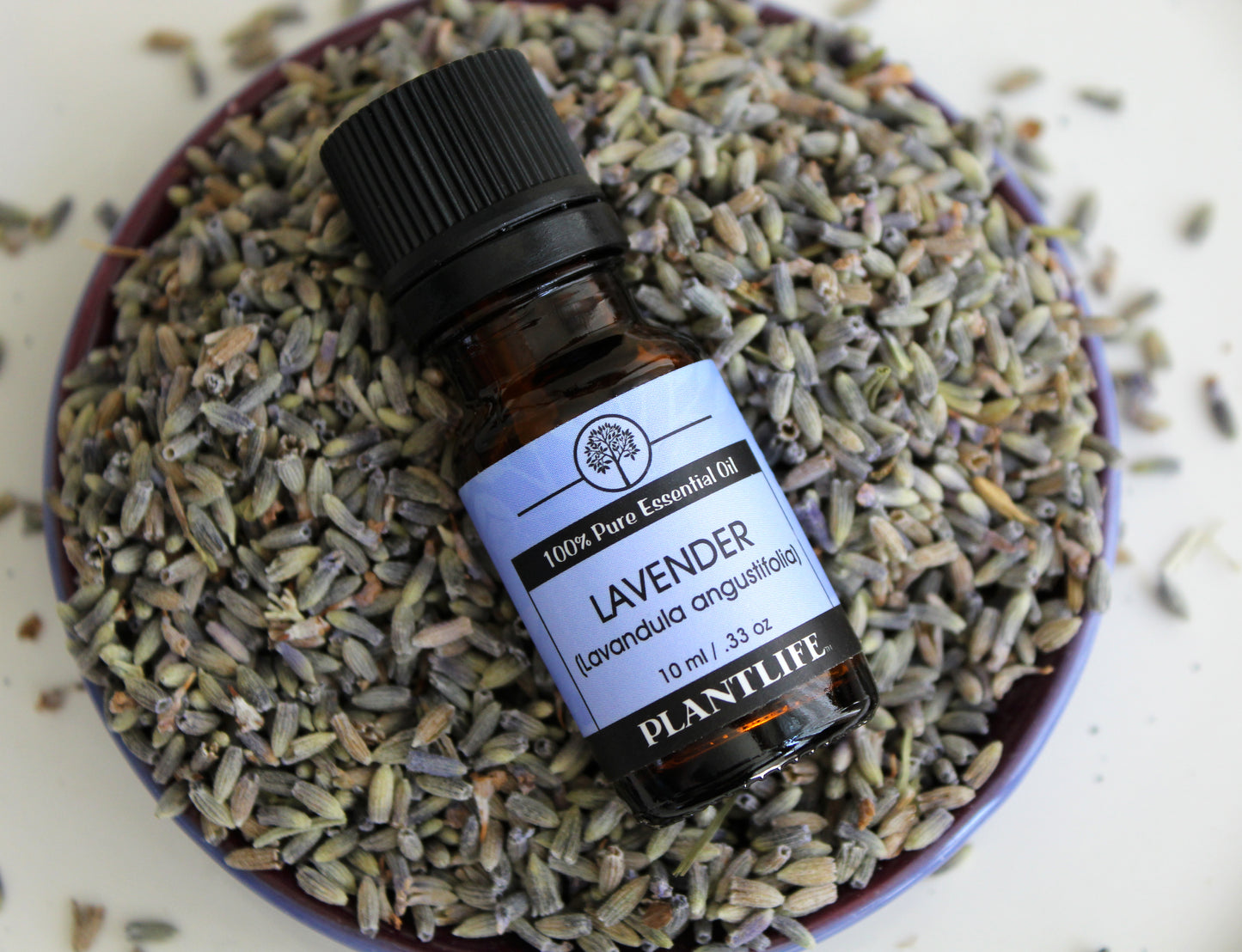Lavender essential oil bottle on a bed of lavender flowers