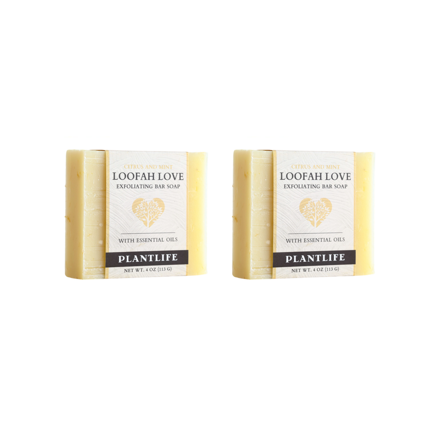 Two Loofah Love exfoliating bar soaps with Plantlife branding on a white background.