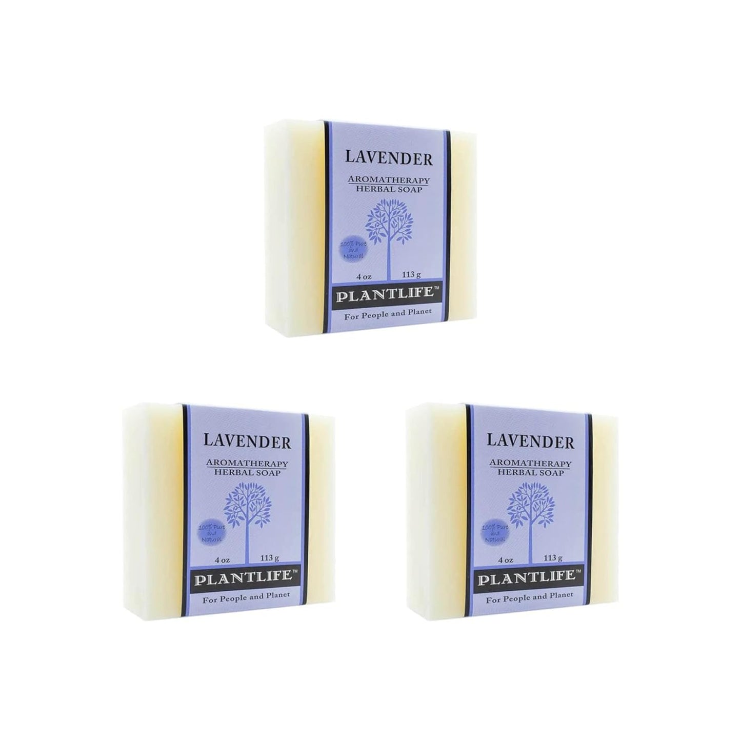 Three bars of Plantlife lavender aromatherapy soap on a white background