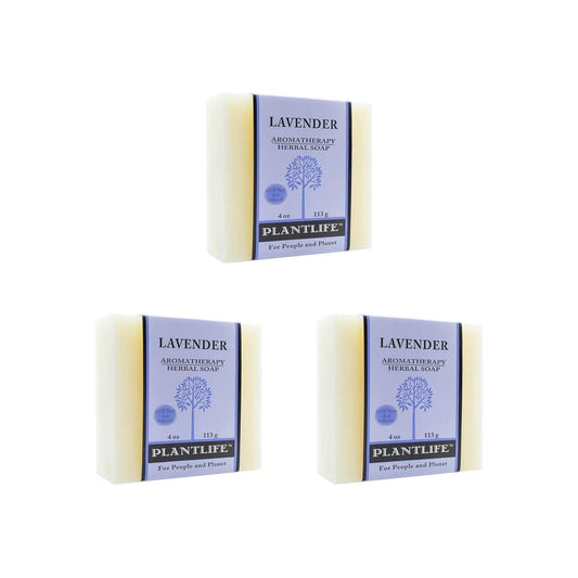 Three bars of Plantlife lavender aromatherapy soap on a white background