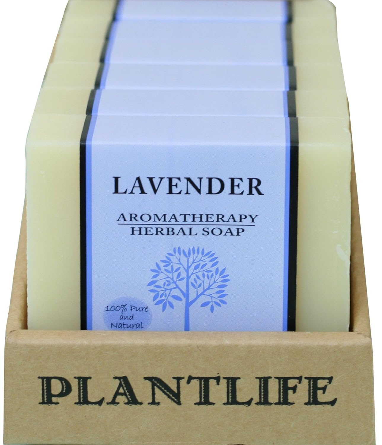 Lavender aromatherapy herbal soap in a cardboard holder with 'Plantlife' branding.