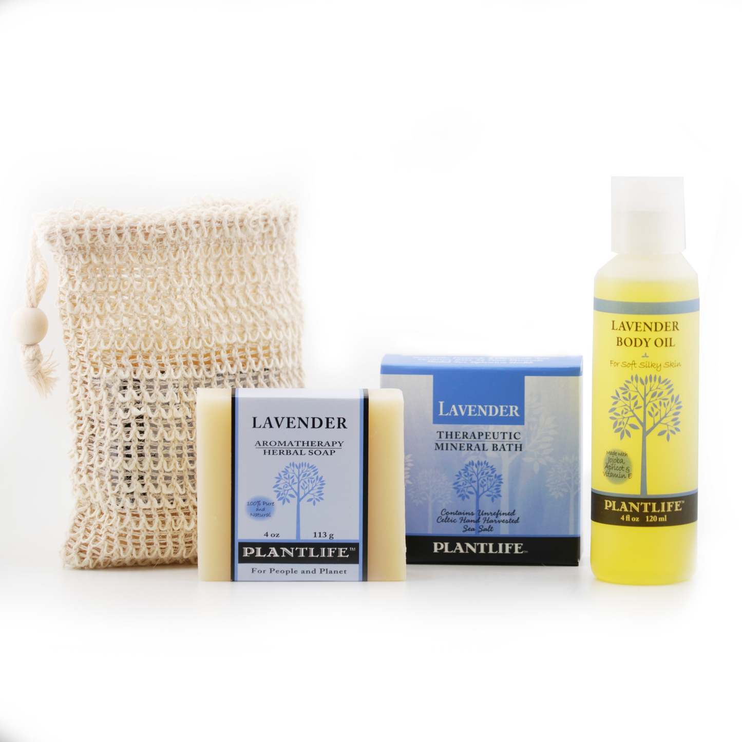 Plantlife Lavender Self-Care Gift Set with body oil, herbal soap, therapeutic mineral bath, and natural soap sack