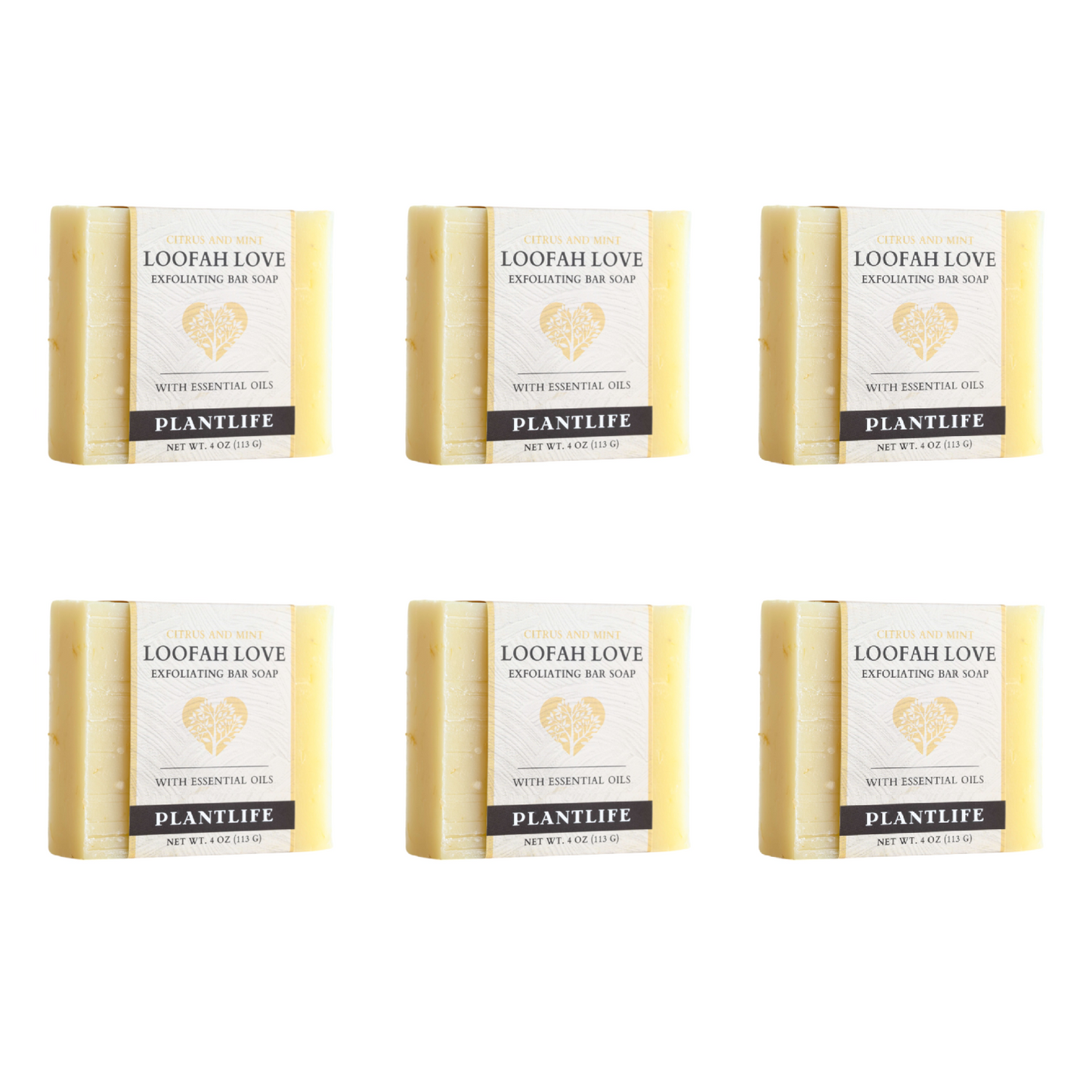 Six bars of Plantlife Loofah Love Exfoliating Bar Soap on a white background